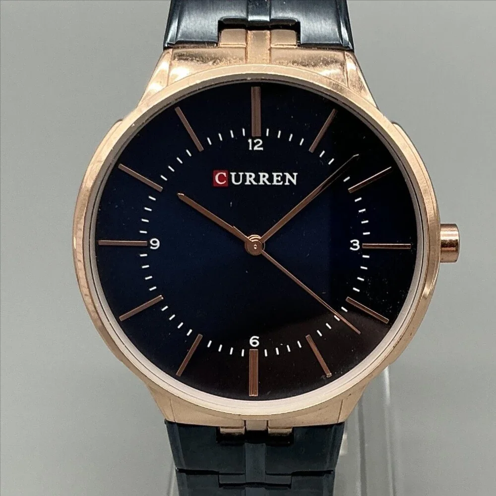 Curren M-8321 Mens Watch 42mm Blue Dial Bracelet Rose Gold Tone New Battery 8.5